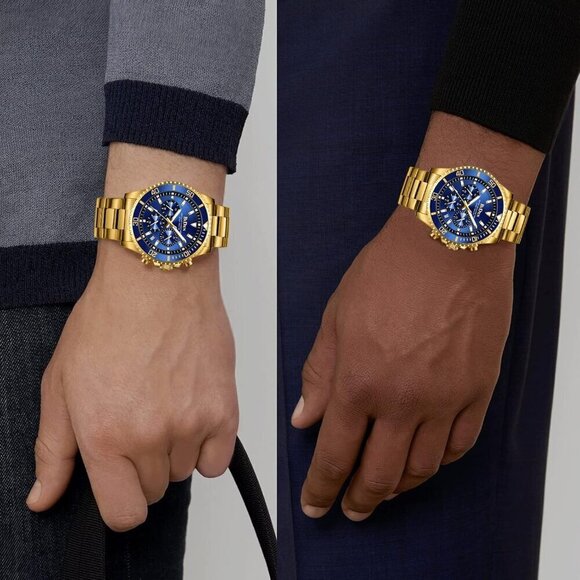 Men's Watches Chronograph Stainless Steel Blue Gold Wrist Watch Waterproof - Picture 6 of 9